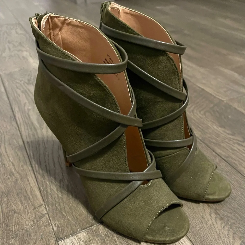 Olive Green Suede Lace-Up Heeled Booties | Open Toe Stiletto | Size 6